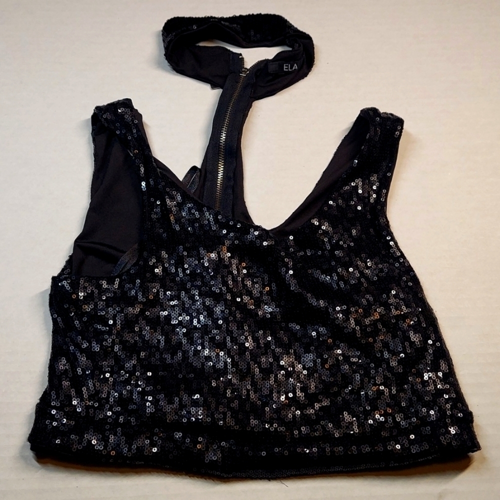 ELA Cropped Sequin Top with Zipper neck tie Size S